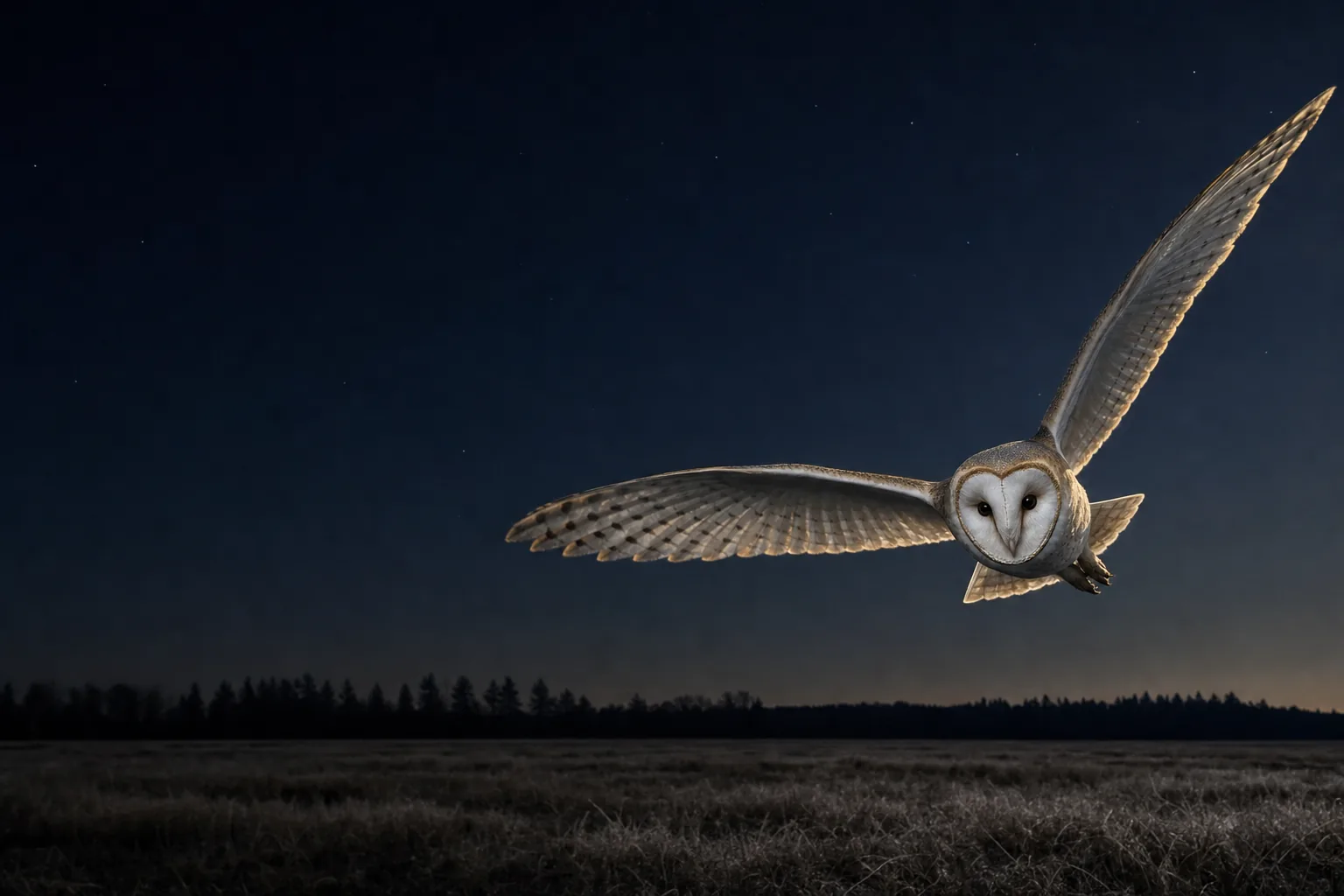 The owl flies over a dark field at night.
