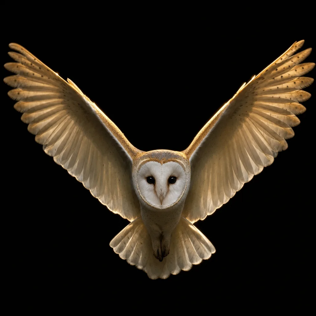 The owl flies at you, wings open, on black.