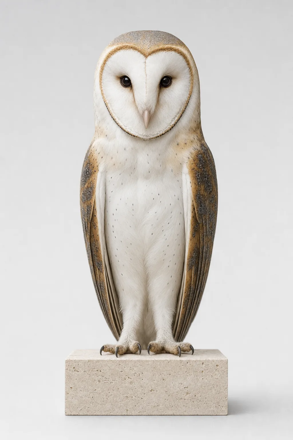 A barn owl stands on a stone block in a pale studio. Her white face looks like a mask.